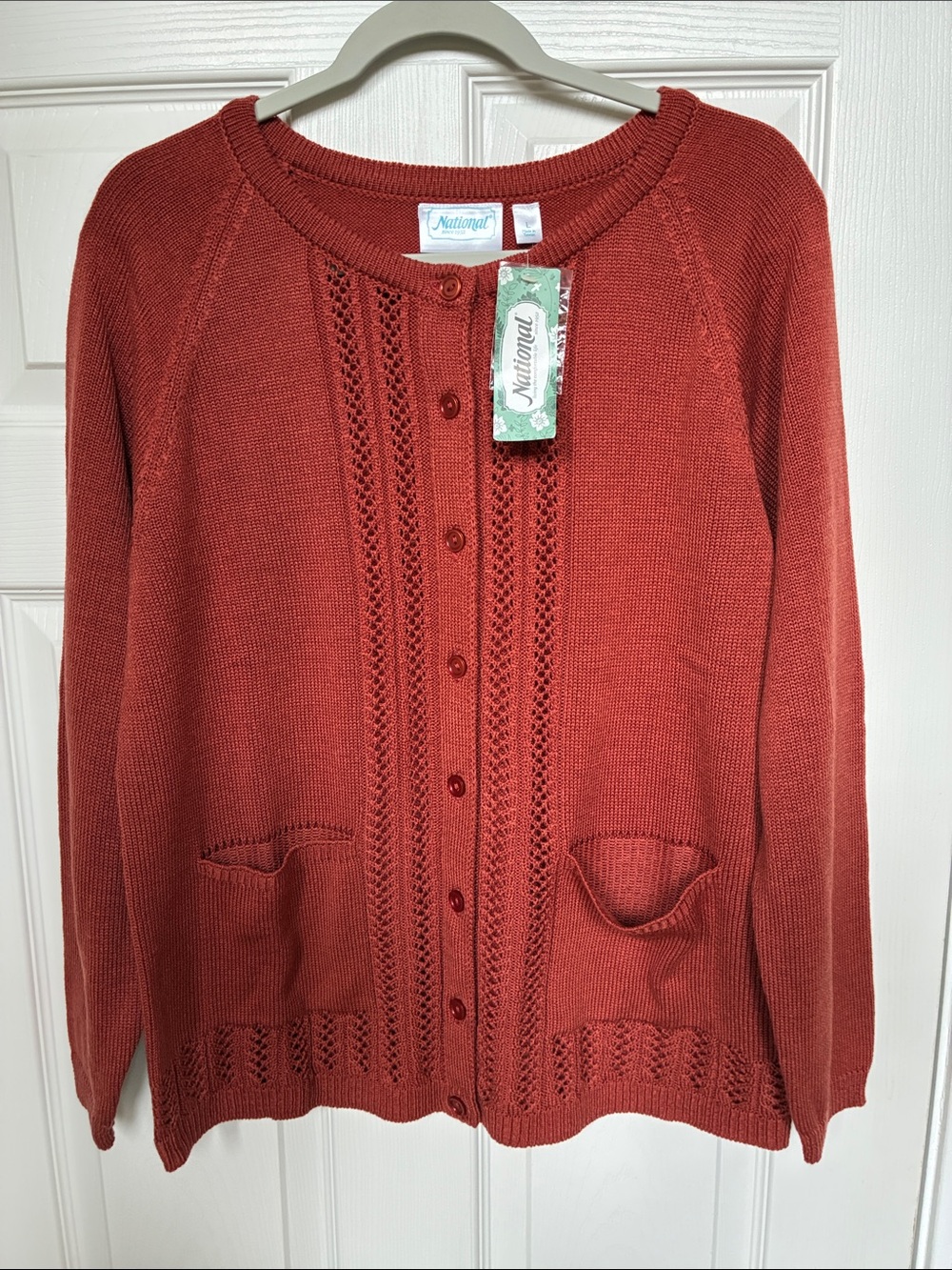 Rust Openwork Button Cardigan with front pockets